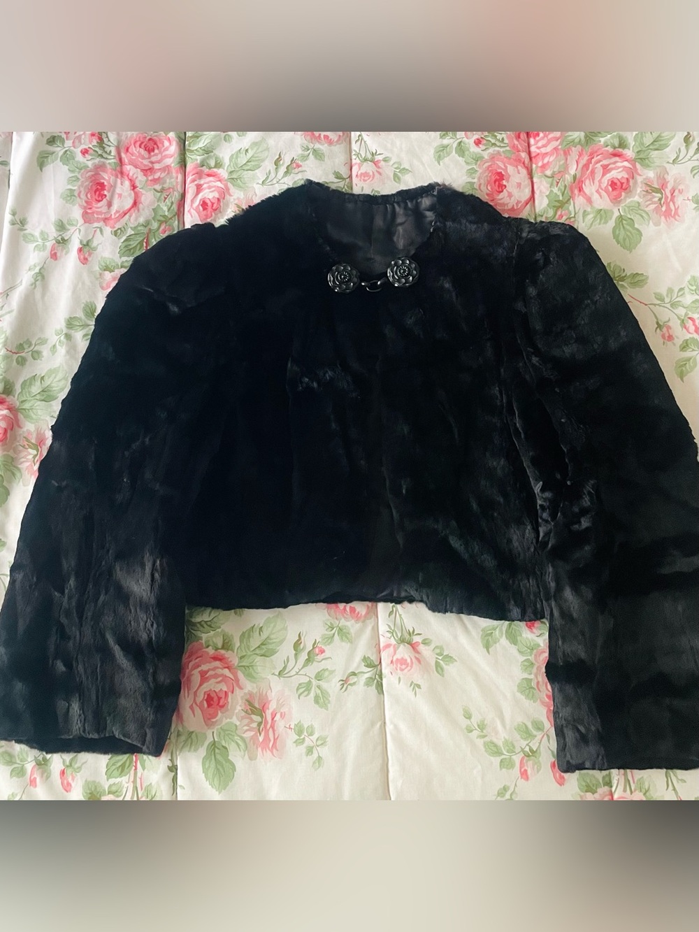 Vintage Shrug Faux Fur Black Flower Hook n Chain Closure Satin Lining Sz S